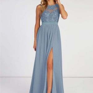A-Line Lace Chiffon Floor-Length Dress Dusty Blue
